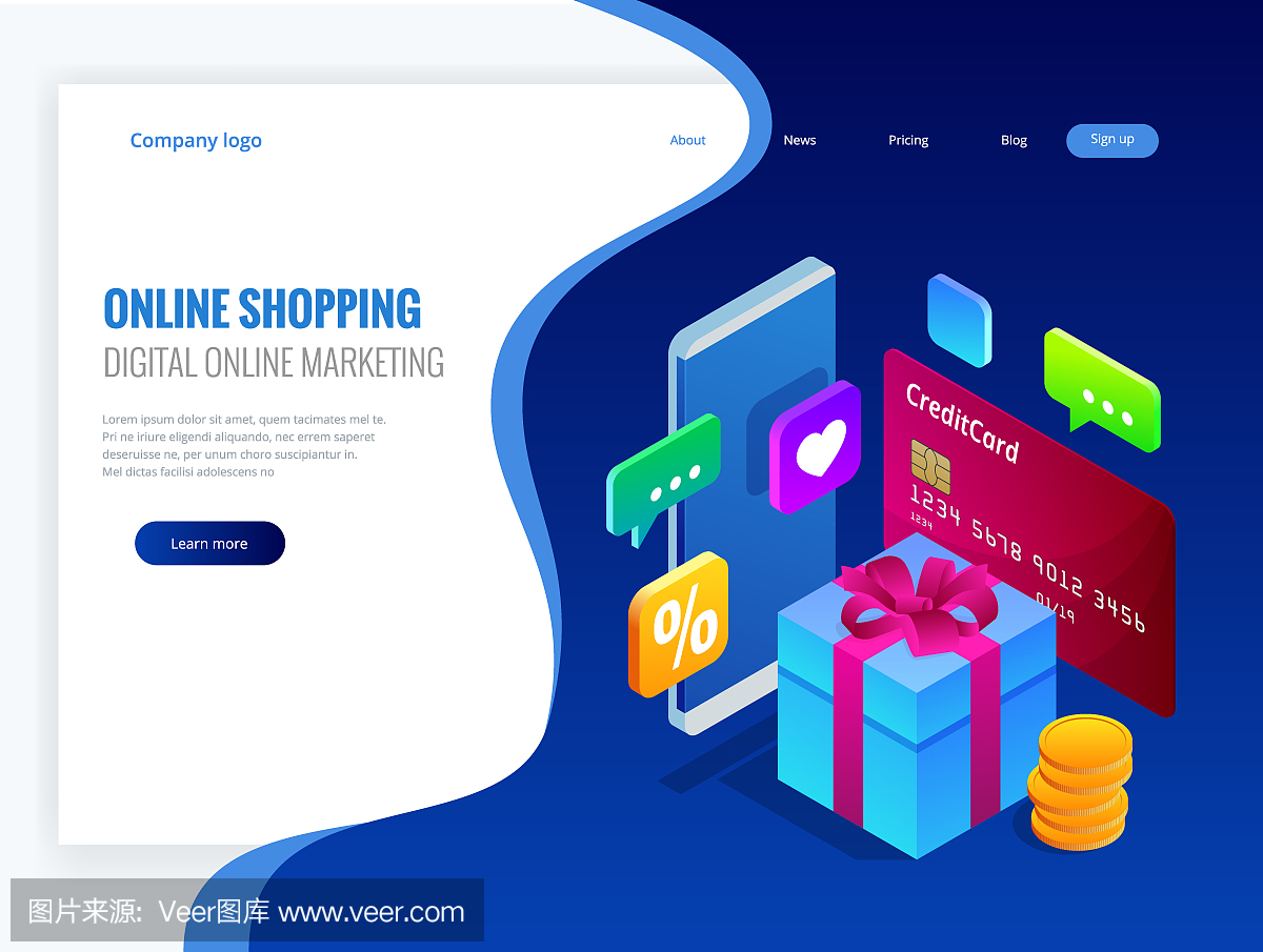等距網上購物概念。數字網絡營銷商業銷售概念。最好的禮物。矢量圖